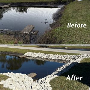 Before and after image of Rip Rap drainage control by Pop's Property management